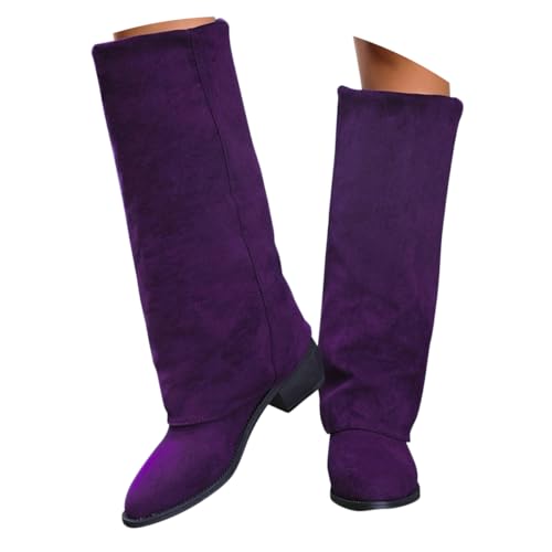 ticticlily Stiefeletten Damen Fold Over Boots Spitzer Zehenpartie Weitschaftstiefel Winter Cowboystiefel mit Absatz A2 Violett 38 EU von ticticlily