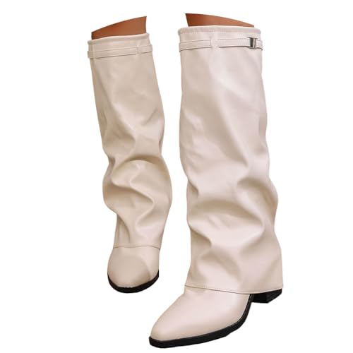 ticticlily Stiefeletten Damen Fold Over Boots Weitschaftstiefel Winter Langschaft Stiefel mit Absatz A Beige 39 EU von ticticlily