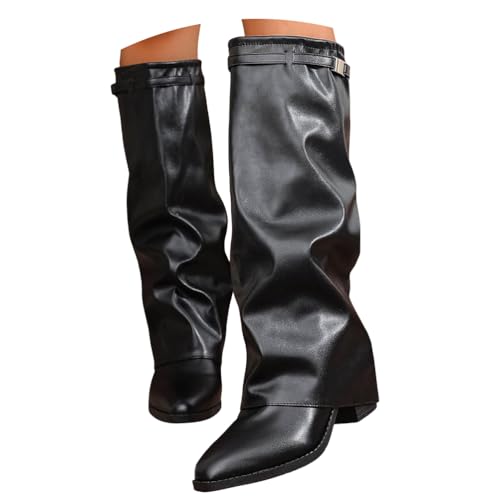 ticticlily Stiefeletten Damen Fold Over Boots Weitschaftstiefel Winter Langschaft Stiefel mit Absatz A Schwarz 42 EU von ticticlily