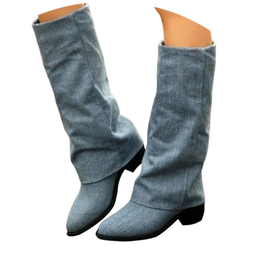 ticticlily Stiefeletten Damen Fold Over Boots Weitschaftstiefel mit Absatz Winter Langschaft Stiefel A Blau 36 EU von ticticlily