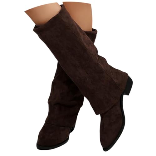 ticticlily Stiefeletten Damen Fold Over Boots Weitschaftstiefel mit Absatz Winter Langschaft Stiefel A Kaffee 39 EU von ticticlily
