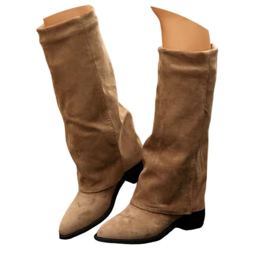 ticticlily Stiefeletten Damen Fold Over Boots Weitschaftstiefel mit Absatz Winter Langschaft Stiefel A Khaki 38 EU von ticticlily