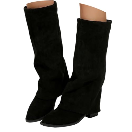 ticticlily Stiefeletten Damen Fold Over Boots Weitschaftstiefel mit Absatz Winter Langschaft Stiefel A Schwarz 42 EU von ticticlily