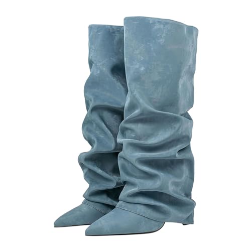 ticticlily Stiefeletten Damen Fold Over Stiefel Block Heels Kniestiefel Weitschaftstiefel Winter Boots mit Absatz A Blau 36 EU von ticticlily