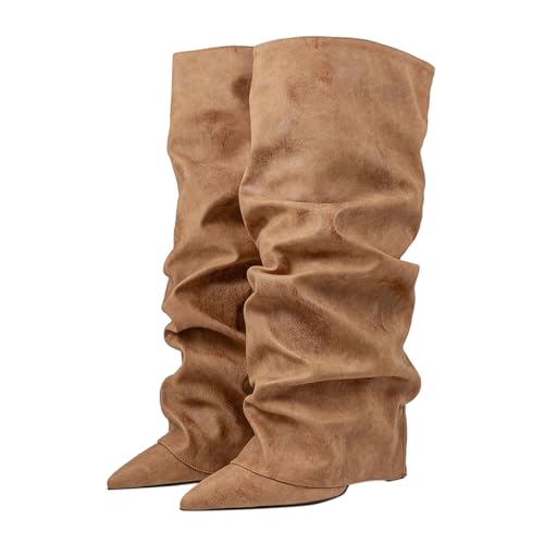 ticticlily Stiefeletten Damen Fold Over Stiefel Block Heels Kniestiefel Weitschaftstiefel Winter Boots mit Absatz A Braun 38 EU von ticticlily