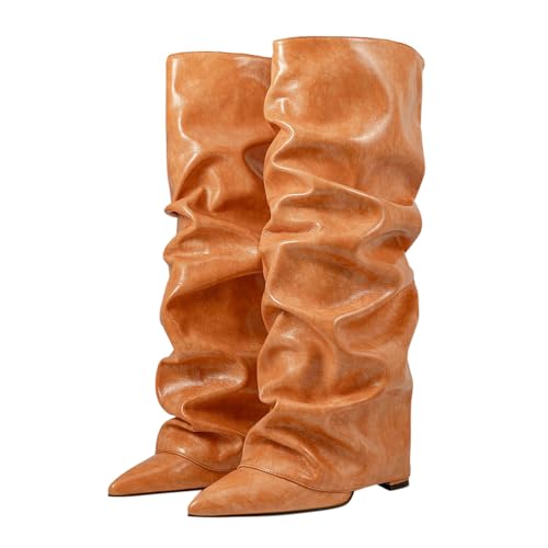 ticticlily Stiefeletten Damen Fold Over Stiefel Block Heels Kniestiefel Weitschaftstiefel Winter Boots mit Absatz A Orange 43 EU von ticticlily