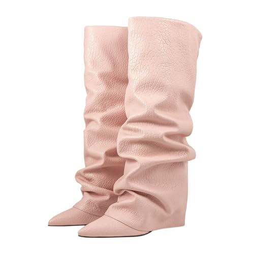 ticticlily Stiefeletten Damen Fold Over Stiefel Block Heels Kniestiefel Weitschaftstiefel Winter Boots mit Absatz A Rosa 42 EU von ticticlily