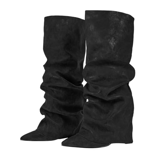 ticticlily Stiefeletten Damen Fold Over Stiefel Block Heels Kniestiefel Weitschaftstiefel Winter Boots mit Absatz A Schwarz 40 EU von ticticlily