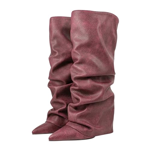 ticticlily Stiefeletten Damen Fold Over Stiefel Block Heels Kniestiefel Weitschaftstiefel Winter Boots mit Absatz A Violett 37 EU von ticticlily