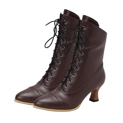 ticticlily Stiefeletten Damen Gefüttert Elegant Winter Stiefeletten Leder Vintage Schnürsenkel Steampunk Ankle Stiefel Mit Absatz Reißverschluss Halbhohe Stiefel C Braun 39 EU von ticticlily