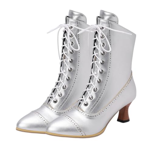 ticticlily Stiefeletten Damen Gefüttert Elegant Winter Stiefeletten Leder Vintage Schnürsenkel Steampunk Ankle Stiefel Mit Absatz Reißverschluss Halbhohe Stiefel C Silber 36 EU von ticticlily