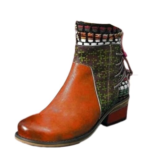 ticticlily Stiefeletten Damen Leder Bunte Stiefeletten mit Absätzen Blumen Handgefertigte Retro Stiefeletten Dunkelbraun 37 von ticticlily