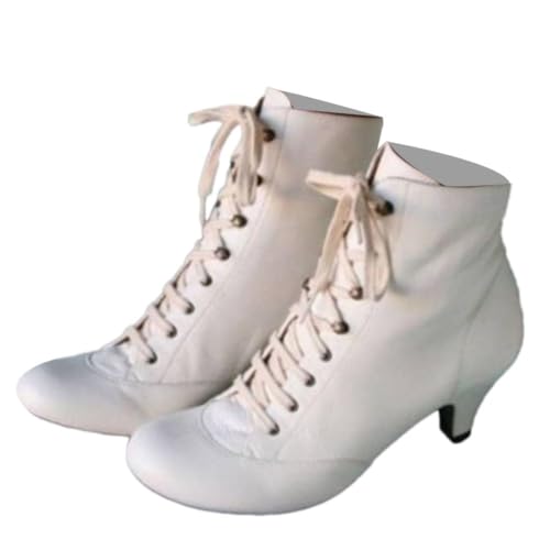 ticticlily Stiefeletten Damen Viktorianische Vintage Gothic Schnürung PU-Lederstiefel Spitz Klassische Halbschaft Stiefel Mittelalterliche Retro Knöchelstiefel Damen Hochzeit Oktoberfest B Weiß 40 von ticticlily