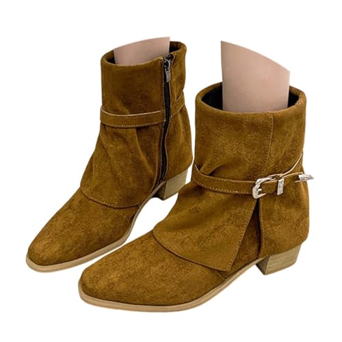 ticticlily Stiefeletten Damen Wildleder Cowboystiefel Halbstiefel Schlupfschuhe Halbhoch Stiefel mit Blockabsatz Ankle Boots A Braun 39 EU von ticticlily