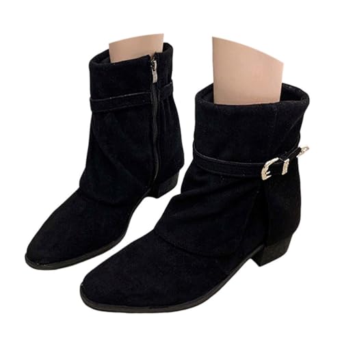 ticticlily Stiefeletten Damen Wildleder Cowboystiefel Halbstiefel Schlupfschuhe Halbhoch Stiefel mit Blockabsatz Ankle Boots A Schwarz 39 EU von ticticlily