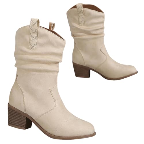 ticticlily Stiefeletten Damen Wildleder Cowboystiefel Halbstiefel Schlupfschuhe Niederung Stiefel Kurzstiefel Übergangsstiefel Blockabsatz Ankle Boots Halbhoch Damenstiefel A Weiß 38 EU von ticticlily