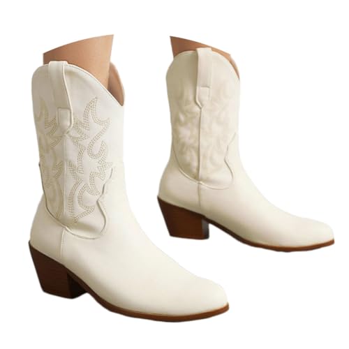 ticticlily Stiefeletten Damen Wildleder Elegante Stiefel mit Blockabsatz Stiefel Westernstiefel Cowboy Ankle Boots Halbhoch Damenstiefel Kurzstiefel C2 Weiß 39 EU von ticticlily
