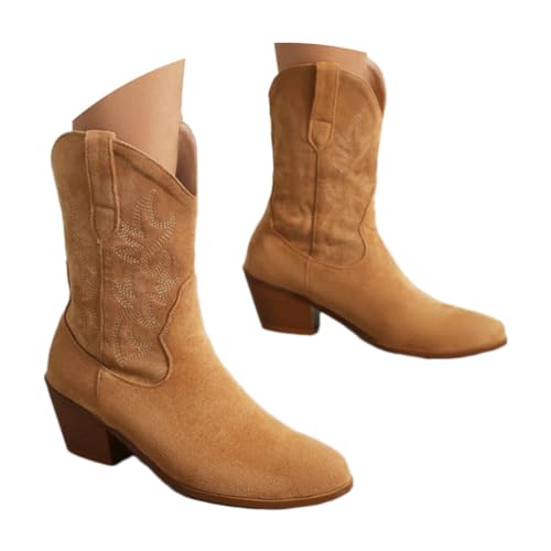 ticticlily Stiefeletten Damen Wildleder Stiefel mit Blockabsatz Stiefel Westernstiefel Cowboy Ankle Boots Halbhoch Damenstiefel C1 Braun 36 EU von ticticlily
