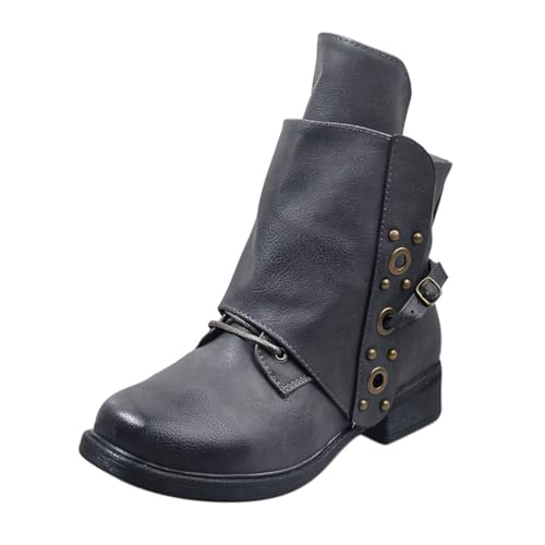 ticticlily Stiefeletten damen Biker Boots Vintage Biker Boots Retro Kurzschaft Westernstiefel Knöchelstiefel Cowboy Stiefel mit Blockabsatz Grau 40 EU von ticticlily
