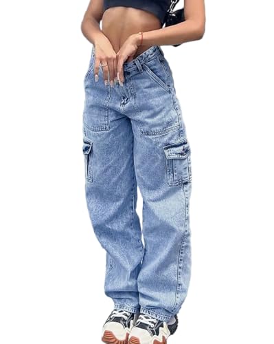 ticticlily Straight Leg Jeans Damen Baggy High Waist Y2K Boyfriend Cargo Denim Hosen Gewaschene Gerades Bein Jeanshosen mit Taschen A2 Blau L von ticticlily