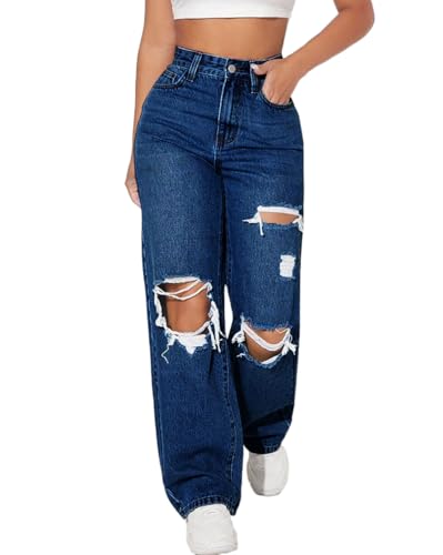 ticticlily Straight Leg Jeans Damen High Waist Baggy Casual Stretch Denim Hosen Gerade Bein Löcher Risse Boyfriend Jeanshosen A Dunkelblau S von ticticlily