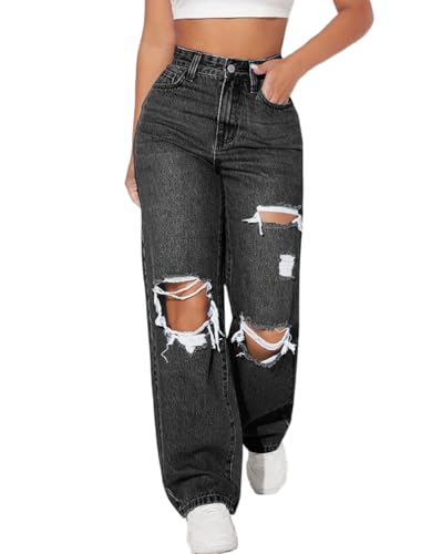 ticticlily Straight Leg Jeans Damen High Waist Baggy Casual Stretch Denim Hosen Gerade Bein Löcher Risse Boyfriend Jeanshosen A Schwarz L von ticticlily