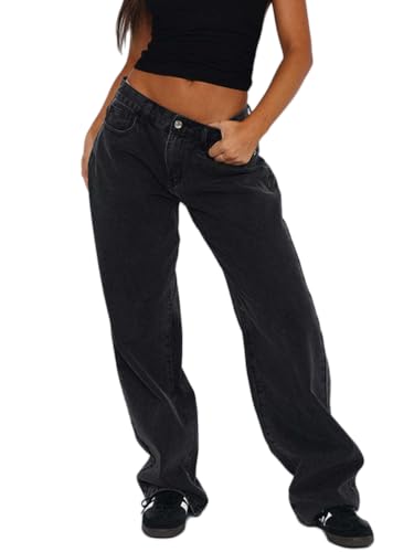 ticticlily Straight Wide Leg Jeans Damen Baggy Gewaschene Denim Hose Weites Bein Gerades Damenhosen Hiphop 90er E-Girl Boyfriend Pants Freizeithose A Blau XL von ticticlily