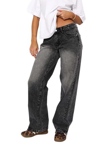 ticticlily Straight Wide Leg Jeans Damen Baggy Gewaschene Denim Hose Weites Bein Gerades Damenhosen Hiphop 90er E-Girl Boyfriend Pants Freizeithose A Grau XS von ticticlily