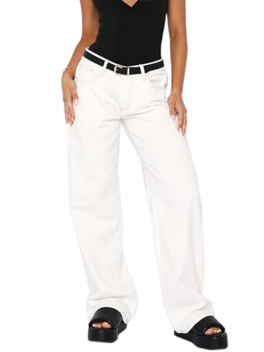 ticticlily Straight Wide Leg Jeans Damen Baggy Gewaschene Denim Hose Weites Bein Gerades Damenhosen Hiphop 90er E-Girl Boyfriend Pants Freizeithose A Weiß M von ticticlily