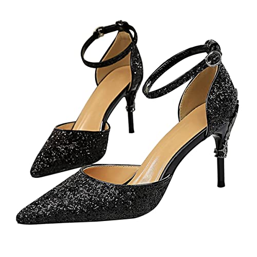 ticticlily Strass Pumps Damen Glitzer Knöchelriemen Stiletto High Heels Funkelnde Spitze Absatzschuhe Party Hochzeit Heels Brautschuhe Glänzende Stöckelschuhe B Schwarz 38 EU von ticticlily