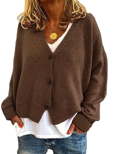 ticticlily Strick Cardigan Damen Kurz Elegant Casual Strickjacke Langarm Button-Down V-Ausschnitt Einfarbig Grobstrick Jacken Strickmantel Herbstjacken A Braun XL von ticticlily