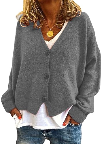 ticticlily Strick Cardigan Damen Kurz Elegant Casual Strickjacke Langarm Button-Down V-Ausschnitt Einfarbig Grobstrick Jacken Strickmantel Herbstjacken A Grau S von ticticlily