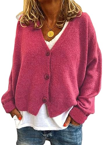 ticticlily Strick Cardigan Damen Kurz Elegant Casual Strickjacke Langarm Button-Down V-Ausschnitt Einfarbig Grobstrick Jacken Strickmantel Herbstjacken A Rose Rot L von ticticlily