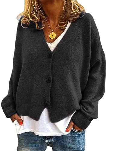 ticticlily Strick Cardigan Damen Kurz Elegant Casual Strickjacke Langarm Button-Down V-Ausschnitt Einfarbig Grobstrick Jacken Strickmantel Herbstjacken A Schwarz L von ticticlily