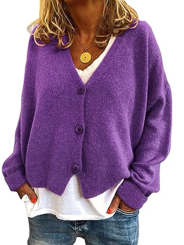 ticticlily Strick Cardigan Damen Kurz Elegant Casual Strickjacke Langarm Button-Down V-Ausschnitt Einfarbig Grobstrick Jacken Strickmantel Herbstjacken A Violett M von ticticlily