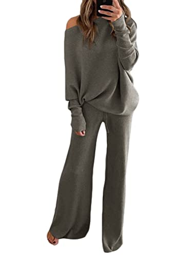 ticticlily Strickanzug Damen Herbst Winter Strickpullover und Hosen 2 Teiliges Set Freizeitanzug Jogginganzug Trainingsanzug Sportanzug Causal Elegant Outfit Loungewear A Grau XL von ticticlily