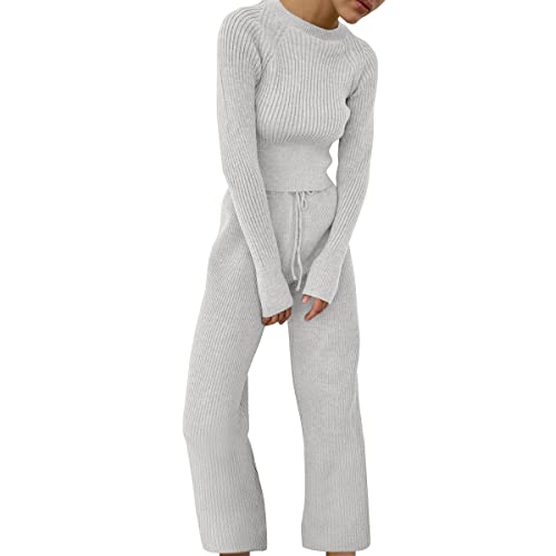 ticticlily Strickanzug Damen Pullover Langarmshirts und Hosen Jogging 2 Teiliges Set Freizeitanzug Jogginganzug Trainingsanzug Casual Freizeitbekleidung Schlafanzug Weiß XL von ticticlily