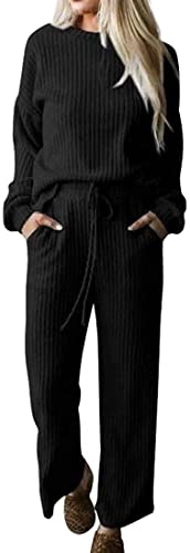 ticticlily Strickanzug Damen Pullover mit Kapuze und Hosen Jogging 2 Teiliges Set Freizeit Sportwear Jogginganzug Trainingsanzug Sportanzug Weich Freizeitbekleidung A Schwarz L von ticticlily