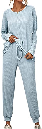 ticticlily Strickanzug Damen Pullover mit Kapuze und Hosen Jogging 2 Teiliges Set Freizeit Sportwear Jogginganzug Trainingsanzug Sportanzug Weich Freizeitbekleidung B Blau XXL von ticticlily