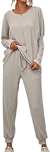 ticticlily Strickanzug Damen Pullover mit Kapuze und Hosen Jogging 2 Teiliges Set Freizeit Sportwear Jogginganzug Trainingsanzug Sportanzug Weich Freizeitbekleidung B Grau S von ticticlily