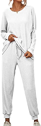 ticticlily Strickanzug Damen Pullover mit Kapuze und Hosen Jogging 2 Teiliges Set Freizeit Sportwear Jogginganzug Trainingsanzug Sportanzug Weich Freizeitbekleidung B Weiß S von ticticlily