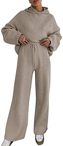 ticticlily Strickanzug Damen Pullover mit Kapuze und Hosen Jogging 2 Teiliges Set Freizeit Sportwear Jogginganzug Trainingsanzug Sportanzug Weich Freizeitbekleidung C Beige XL von ticticlily