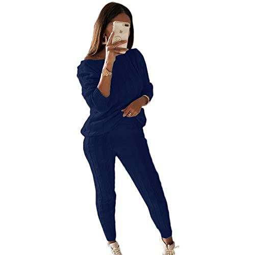 ticticlily Strickanzug Damen Pullover und Hosen 2 Stück Set Strickpullover Freizeitanzug Gestrickt Loungewear Grobstrick Oberteile Top Anzug Outfit Warm Hausanzug Winter Pajamas A Dunkelblau L von ticticlily