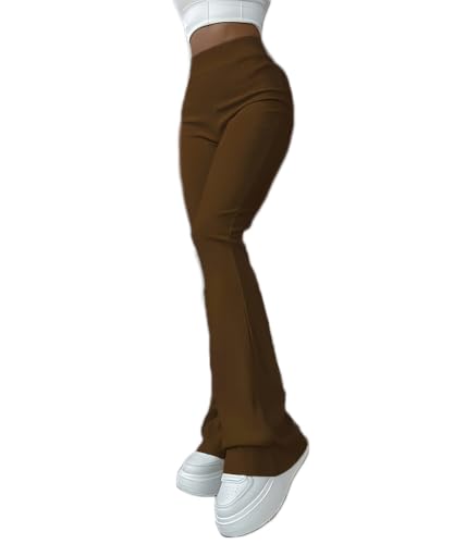 ticticlily Strickhose Damen Bootcut High Waist Stretch Freizeithose Gerippt Hose mit Schlag Yoga Sport Jegging Lange Hosen Casual Elegant Rippstrick Flared Rib Pants Winter A Braun M von ticticlily