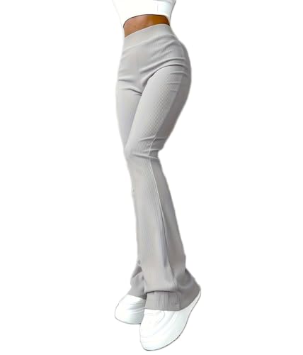 ticticlily Strickhose Damen Bootcut High Waist Stretch Freizeithose Gerippt Hose mit Schlag Yoga Sport Jegging Lange Hosen Casual Elegant Rippstrick Flared Rib Pants Winter A Hellgrau XS von ticticlily