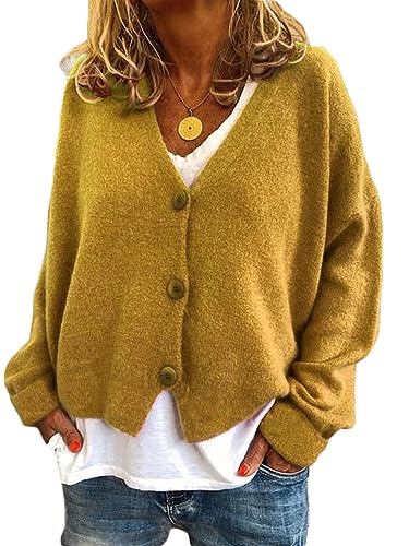 ticticlily Strickjacke Damen Elegant Casual Kurze Herbst Cardigan Strick Lose Herbstjacken Strickcardigan mit Knopf Strickpullover A Gelb L von ticticlily