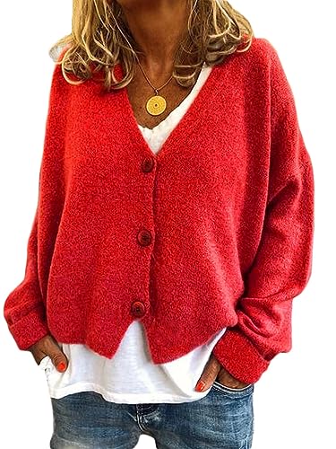 ticticlily Strickjacke Damen Elegant Casual Kurze Herbst Cardigan Strick Lose Herbstjacken Strickcardigan mit Knopf Strickpullover A Rot XS von ticticlily