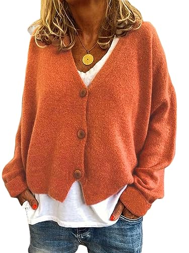 ticticlily Strickjacke Damen Grobstrick Elegant Casual Lose Cardigan Langarm V-Ausschnitt Strickmantel Strickcardigan Knopfleiste A Orange S von ticticlily