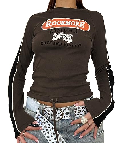 ticticlily T-Shirts Damen Mädchen Y2K Cropped Top Ärmellos Harajuku Vintage Tops Casual Kurzarm Zip Up Patchwork Slim Fit Aesthetic Oberteile E-Girl Teenager A32 Braun S von ticticlily