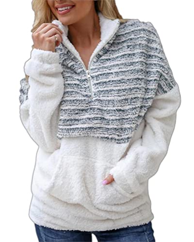 ticticlily Teddy Pullover Damen ohne Kapuze Winter Herbst V-Ausschnitts Langarm Sweatshirt mit Zip Casual Locker Pulli Warm Weich Lässiges Tops Oberteile Winterpullover für Frauen B Blau XXL von ticticlily